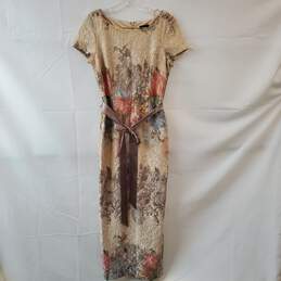 Size 4 Floral with Metallic Thread and Gray Waist Tie Short Sleeve Long Dress