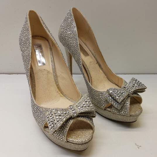 INC International Concepts Silver D'orsay Karee Rhinestone Pointed Toe Stiletto Pump Heels Shoes Size 8 M image number 3