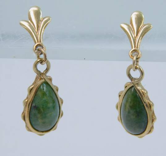 14K Gold Nephrite Cabochon Scalloped Teardrop Drop Post Earrings 1.6g image number 1