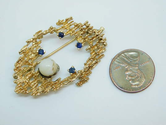 Romantic 12k Yellow Gold Blue Spinel & Pearl Brooch Pin 8.8g image number 7