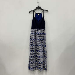 Womens Blue White Geometric Spaghetti Strap Pullover Long Maxi Dress Size 4