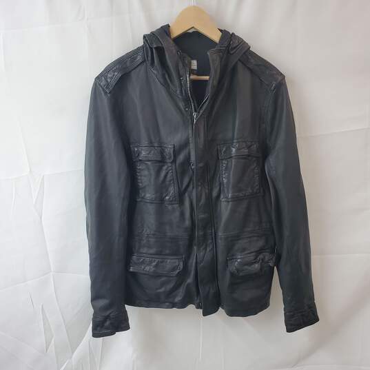 Barneys New York Hooded Black Leather Jacket Size 48 image number 1