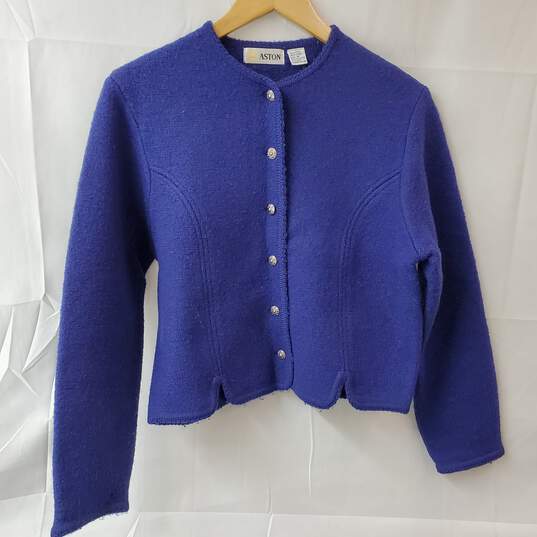 Aston Boiled Wool Blue Button Up Cardigan Women's MD image number 1
