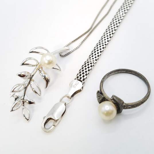 Sterling Silver F.W. Pearl Sz 6 Ring Pendant Necklace 6 In Bracelet Bundle 3 Pcs Damage 12.2g image number 1