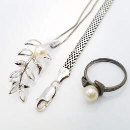 Sterling Silver F.W. Pearl Sz 6 Ring Pendant Necklace 6 In Bracelet Bundle 3 Pcs Damage 12.2g