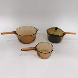 Vintage Corning Ware Visions Amber Glass Saucepan Pots One Pour Spout One Lid