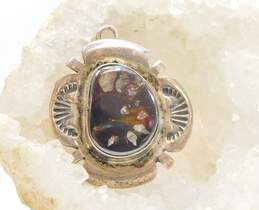 Signed Charles Johnson Navajo 925 Southwestern Ammonite Fossil Stamped & Notched Oval Pendant For Repair 5.8g