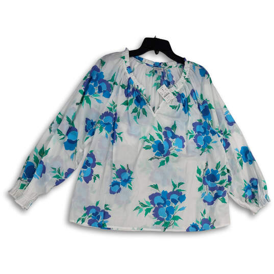 NWT Womens White Blue Floral Split Neck Long Sleeve Pullover Blouse Top Size XL image number 3