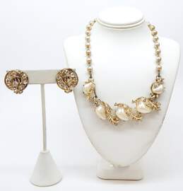 VNTG Coro & Fash Icy Rhinestone & Faux Pearl Clip-On Earrings & Pendant Necklace