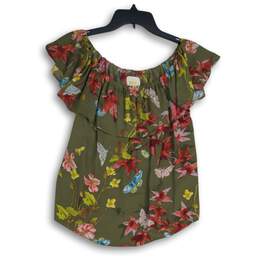 Maeve Womens Green Floral Ruffle Off The Shoulder Blouse Top Size Small