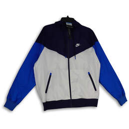 NWT Mens Blue White Hooded Long Sleeve Full-Zip Windbreaker Jacket Size M