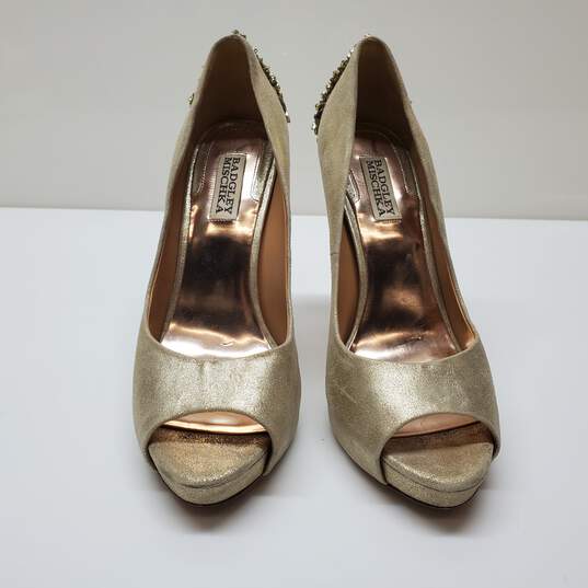 Badgley Mischka Kiara Gold Peep Toe With Embellished Heels. Woman's Sz 9M image number 1