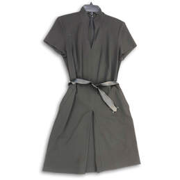 Womens Black Split Neck Belted Back Zip Short Sleeve A-Line Dress Size 8