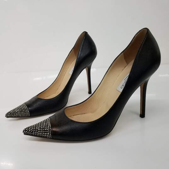 Jimmy Choo Black Leather Studded Toe Heels Women's Size 9 image number 2