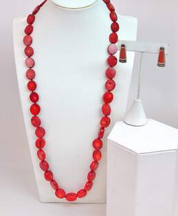 Claudia Agudelo Exex 925 Red Coral Slices Beaded Necklace & Inlay Drop Earrings