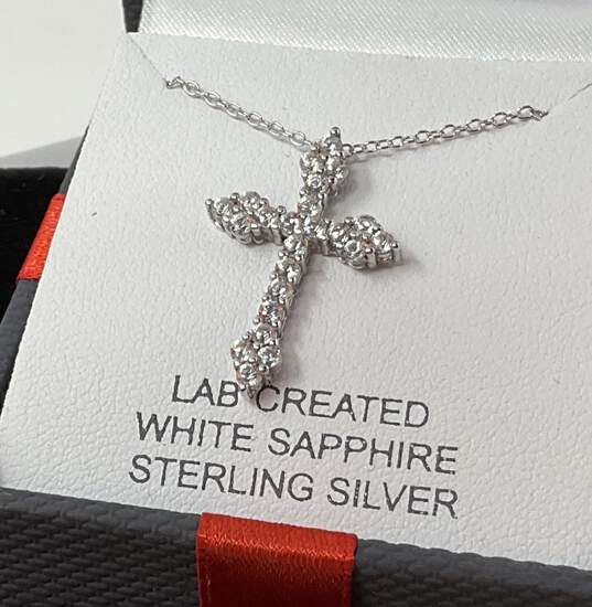 White Sapphire Sterling Silver Cross Necklace. image number 1