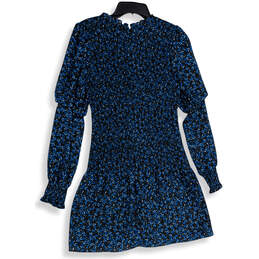 NWT Womens Black Blue Floral Ruffle Neck Back Zip Shift Dress Size M alternative image
