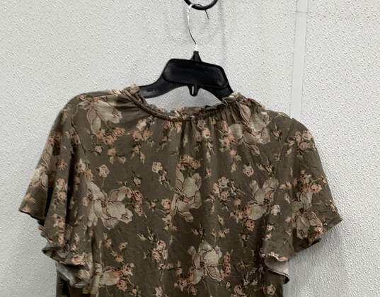 Womens Gray Floral Print Flutter Sleeve Tie Neck Pullover Blouse Top Size L image number 4