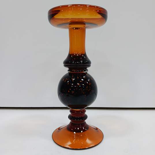 2 Vintage Tortoise & Amber Hand Blown Pillar Candle Holders image number 4