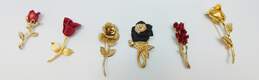 Vintage Gold Tone Red Black & Icy Rose Brooches 57.7g