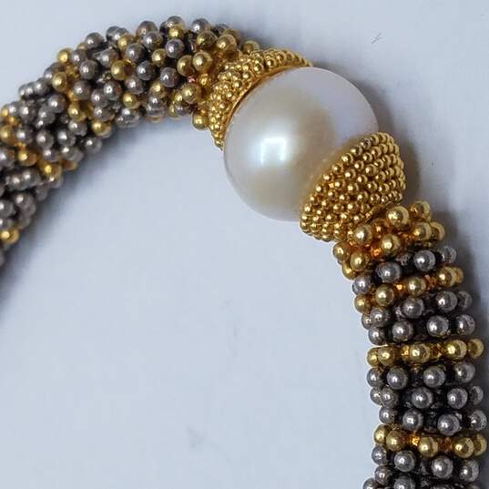 Sterling Silver Popcorn Chain W/Gold Tone Accents Faux Pearl Toggle Necklace 68.0g image number 3