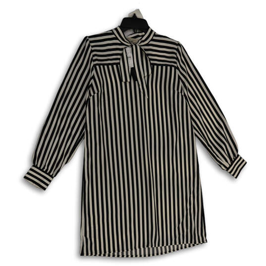 NWT Womens Black White Striped Long Sleeve Office Shift Dress Size Small image number 1