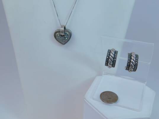 Romantic Judith Jack 925 Sterling Silver Marcasite Demi Hoop Earrings & Heart Pendant Necklace 15.9g image number 8