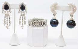 Vintage & Carolee Silvertone Icy Black & Clear Rhinestones Crescent Moon Ball & Tassel Clip On Earrings & Accordion Bracelet 112.6g