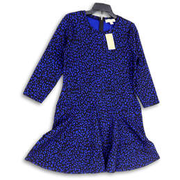 NWT Womens Blue Animal Print Boat Neck 3/4 Sleeve Fit & Flare Dress Size L