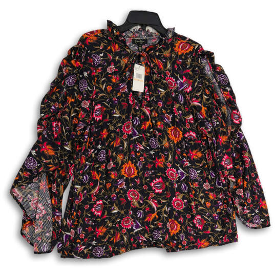 NWT Womens Navy Blue Pink Floral Cold Shoulder Long Sleeve Blouse Top Sz 2X image number 1