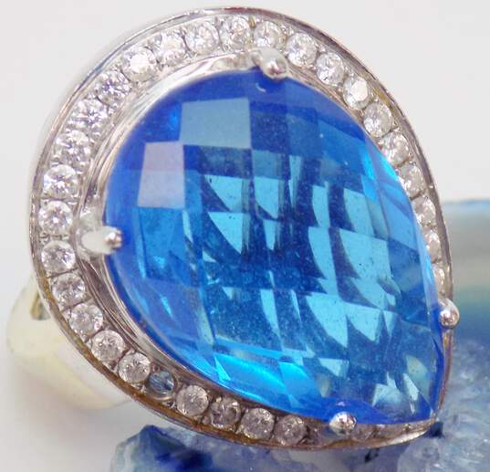 18K White Gold Faceted Blue Topaz & Cubic Zirconia Ring 14.4g image number 4