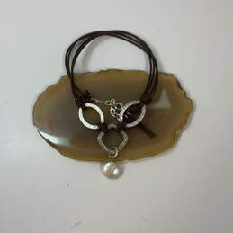Designer Silpada 925 Sterling Silver Coin Pearl Brown Cord Pendant Necklace