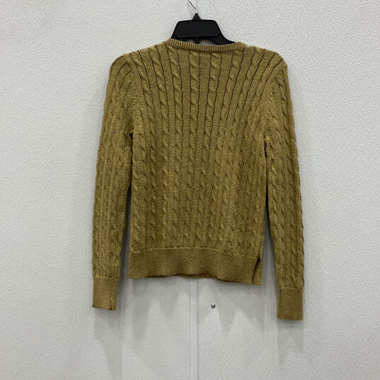 Womens Gold Long Sleeve Crew Neck Cable-Knit Pullover Sweater Size PM image number 2