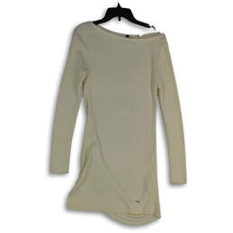 NWT Womens Beige Long Sleeve Ribbed Boat Neck Tunic Sweater Dress Size M