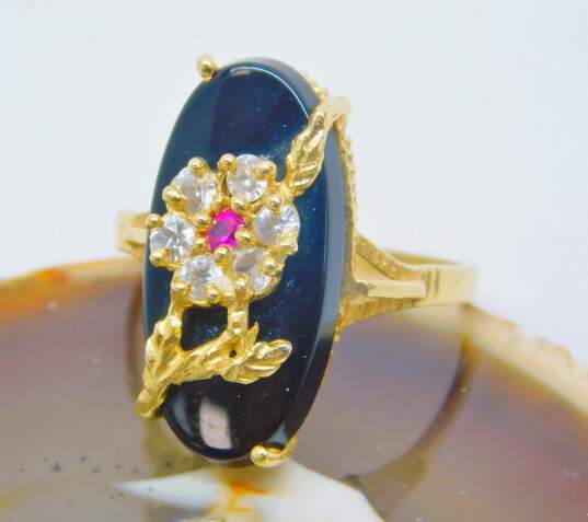 Romantic 14K Yellow Gold Ruby CZ & Onyx Flower Ring 3.5g image number 3