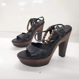 UGG Women's Naima Beaded Black Leather Wood Platform Boho Sandal Heels Size 8.5