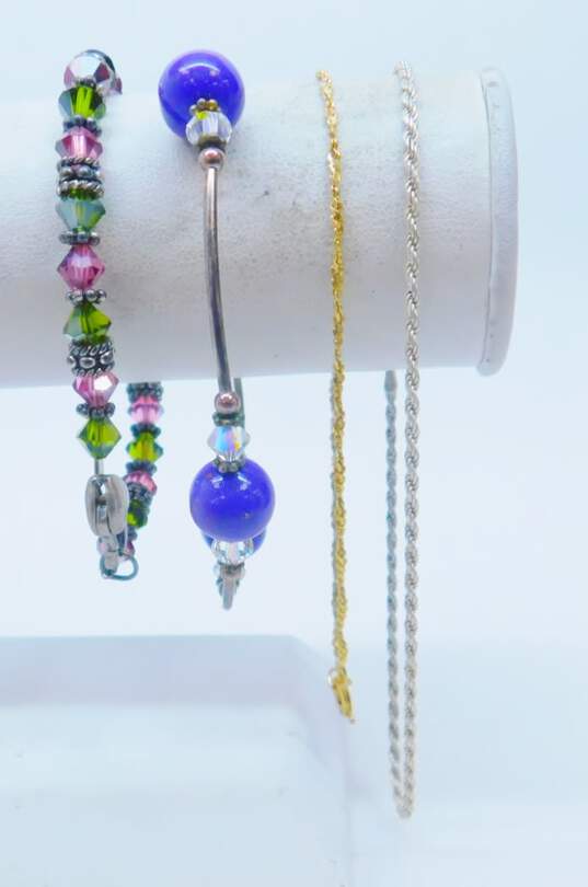 Artisan 925 & Vermeil Fancy & Twisted Rope Chain & Purple Faux Stone Ball & Pink & Green Crystal Beaded Bracelets Variety 24g image number 1