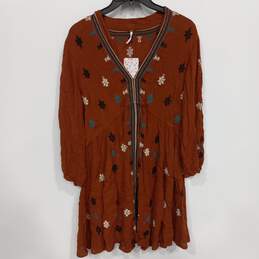 NWT Womens Brown Embroidered V-Neck 3/4 Sleeve Mini Dress Size Medium