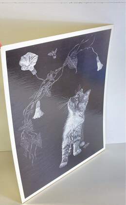 Black and white sketch of Kitten and Flowers 1980's Print by H. W. Hoag alternative image