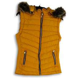 Womens Yellow Faux Fur Hooded Pockets Full-Zip Puffer Vest Size S/CH