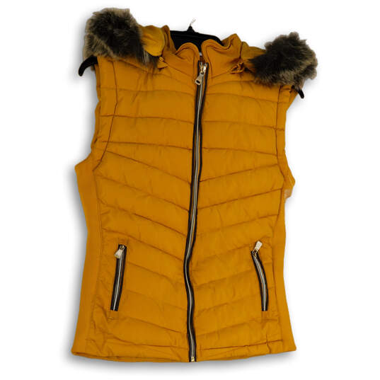 Womens Yellow Faux Fur Hooded Pockets Full-Zip Puffer Vest Size S/CH image number 1