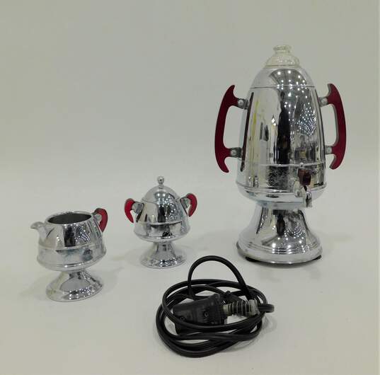 Vintage United 550 Automatic Coffee Maker Chrome Red Handles w/ Sugar & Creamer image number 1