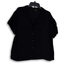 Womens Black Short Sleeve Notch Collar Regular Fit Button-Up Shirt Size L