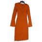 Womens Orange Ribbed V-Neck Long Sleeve Pullover Sweater Dress Size S image number 1