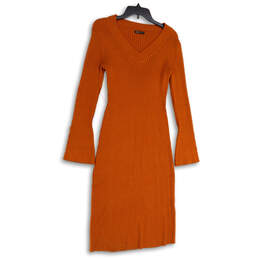 Womens Orange Ribbed V-Neck Long Sleeve Pullover Sweater Dress Size S