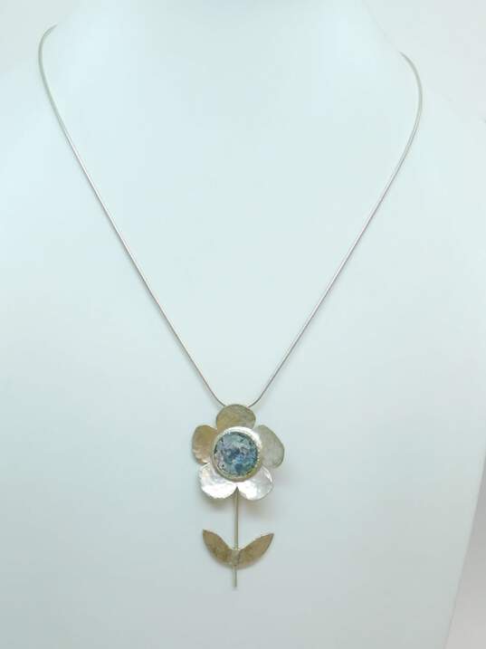 Signed SR 925 Roman Glass Flower Pendant Necklace 10.5g image number 1
