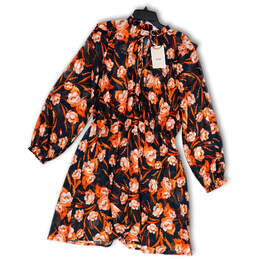 NWT Womens Blue Orange Floral Elastic Waist Tie Neck Shift Dress Size 42