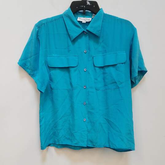 Womens Blue Silk Collared Short Sleeve Pockets Button-Up Shirt Size 6 image number 1