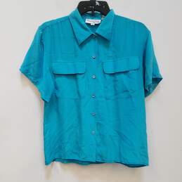 Womens Blue Silk Collared Short Sleeve Pockets Button-Up Shirt Size 6