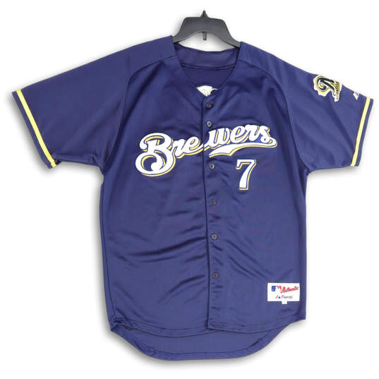 Mens Blue Yellow Milwaukee Brewers Hardy #7 Baseball MLB Jersey Size 50 image number 1